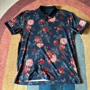 A&F Soft Air Knit Polo, size S, navy floral pattern.